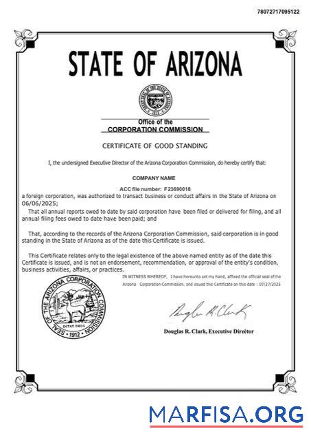 Downloadable USA Arizona certificate of good standing Word and PDF template, version 2